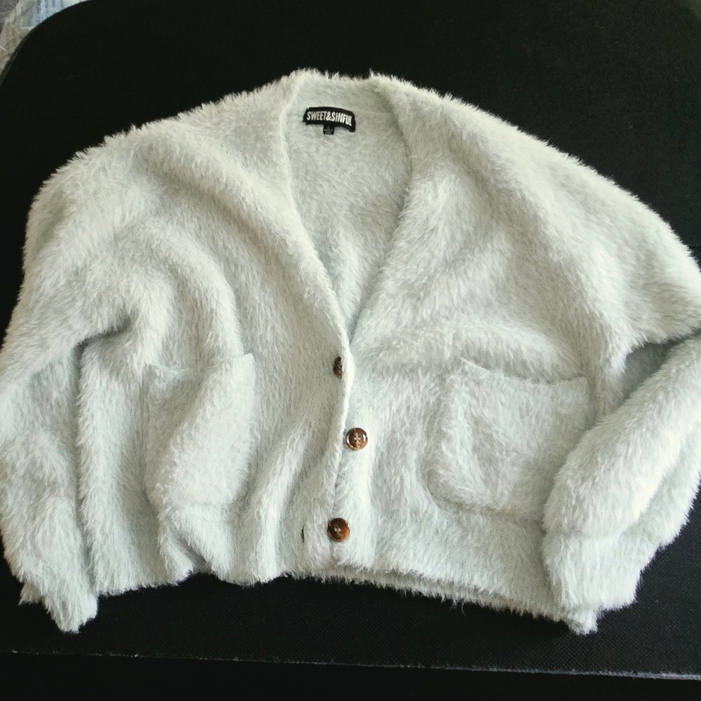 Sweet & Sinful Cardigan Women L Mint EUC Soft Fuzzy Eyelash Knit Sweater Pocket